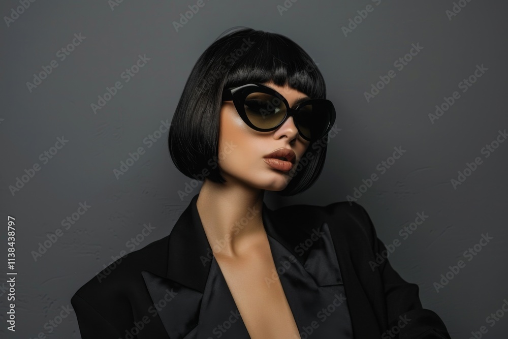 Asian woman in black suit and sunglasses striking a confident pose against a gray background, showcasing elegance and style Asian woman in black suit and sunglasses striking a confident pose against a gray background, showcasing elegance and style