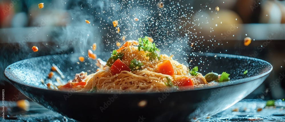 Steaming pasta dish with vegetables in a black bowl. Steaming pasta dish with vegetables in a black bowl.