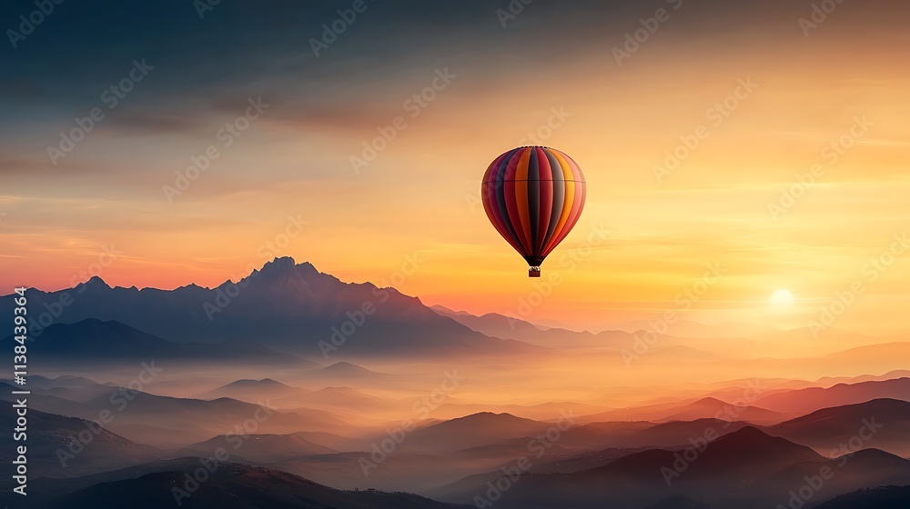 A photostock of a colorful hot air balloon floating in the sky with mountains in the background, Ultra-Realistic, Photo Realistic, highly detailed, A photostock of a colorful hot air balloon floating in the sky with mountains in the background, Ultra-Realistic, Photo Realistic, highly detailed,