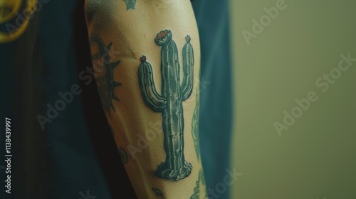 Close-up of a person's arm with a detailed cactus tattoo. photo