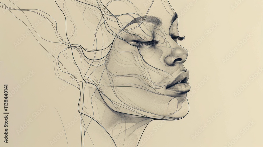 Serene woman's profile, abstract lines, flowing hair, peaceful expression, minimalist art. Serene woman's profile, abstract lines, flowing hair, peaceful expression, minimalist art.