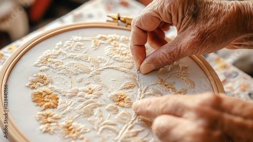 Close-up of hands embroidering a floral pattern on fabric. photo