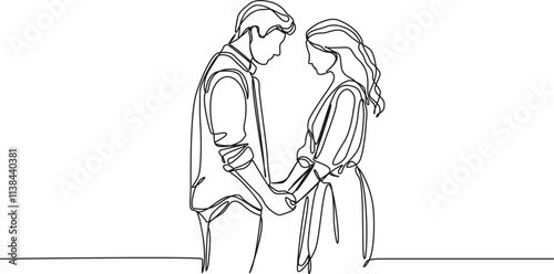 continuous line drawing of woman and man holding hands facing each other, line art vector illustration
