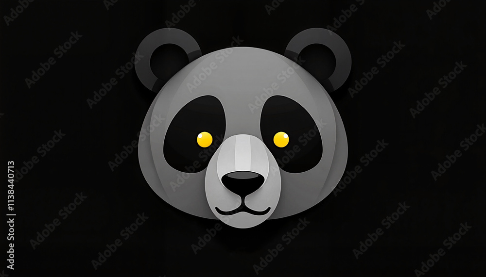 Obraz premium Geometric illustration of a panda face with yellow eyes, modern design, in black and white, symbolizing uniqueness