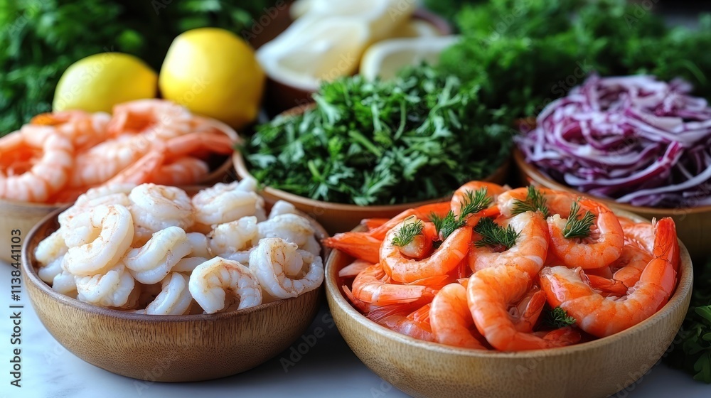 Fresh shrimp, lemon, parsley, and red cabbage ingredients for healthy meal prep. Fresh shrimp, lemon, parsley, and red cabbage ingredients for healthy meal prep.