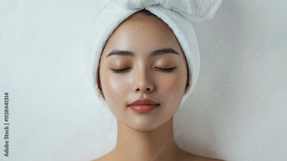 Serene Young Woman with Closed Eyes Wrapped in White Towel Showing Relaxation and Beauty with Natural Makeup on Soft Background for Spa or Beauty Themes Serene Young Woman with Closed Eyes Wrapped in White Towel Showing Relaxation and Beauty with Natural Makeup on Soft Background for Spa or Beauty Themes