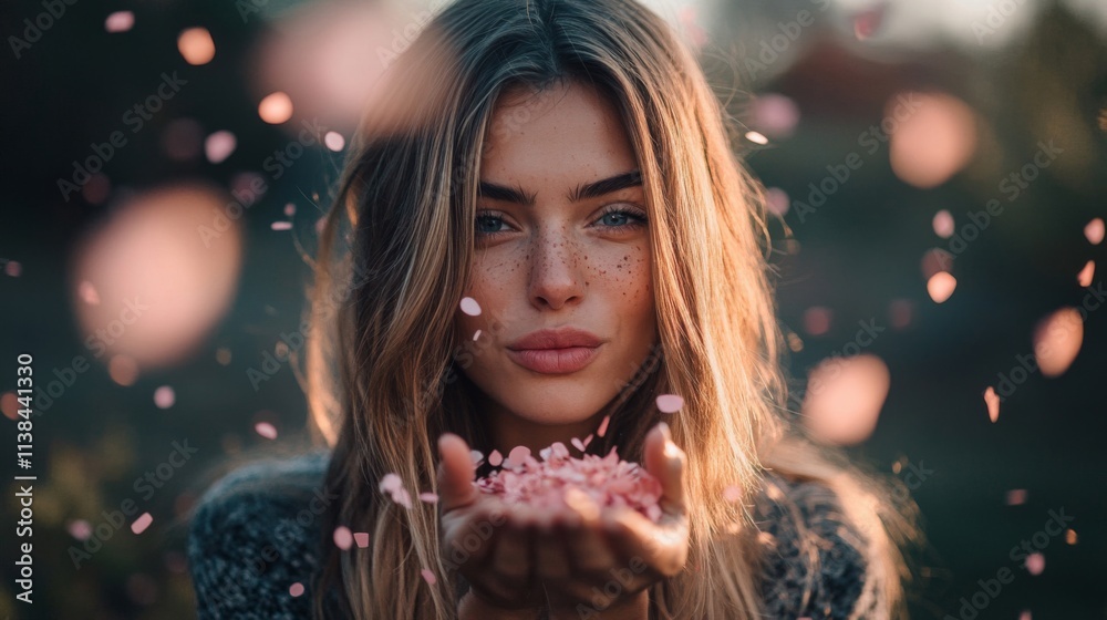 Young Woman Blowing Pink Petals In The Air Young Woman Blowing Pink Petals In The Air