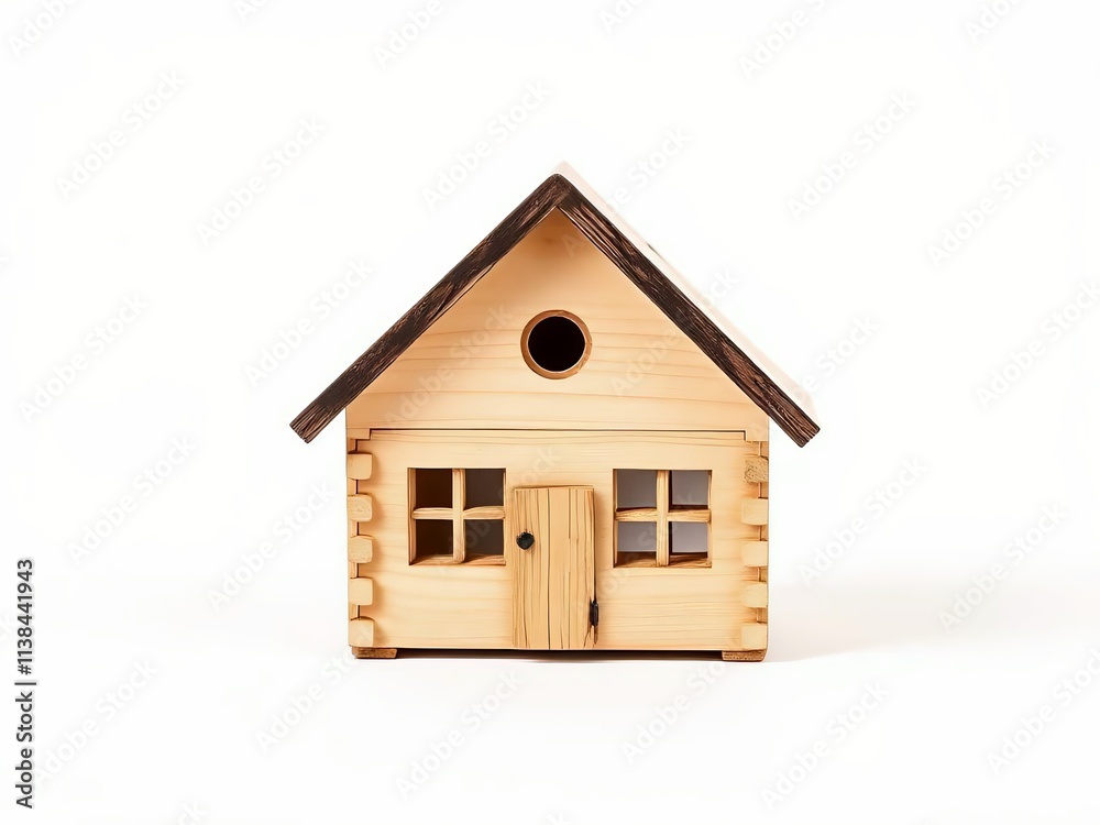 Minimalist Wooden Model House. Toy-Like Log Cabin in Neutral Tones. Small wooden house isolated on white background 