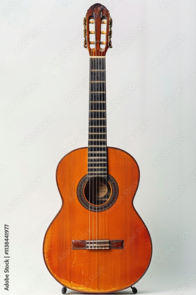 Obraz premium A simple guitar setup against a white background, symbolizing music as a hobby and a creative outlet.