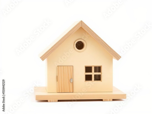 Minimalist Wooden Model House. Toy-Like Log Cabin in Neutral Tones. Small wooden house isolated on white background 