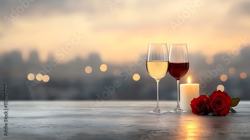 A photostock of a romantic candlelit dinner setup with wine glasses and roses, Ultra-Realistic, Photo Realistic, highly detailed,  photo