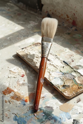 A brush and palette placed on a light-colored surface, inviting the start of artistic expression and creativity. photo