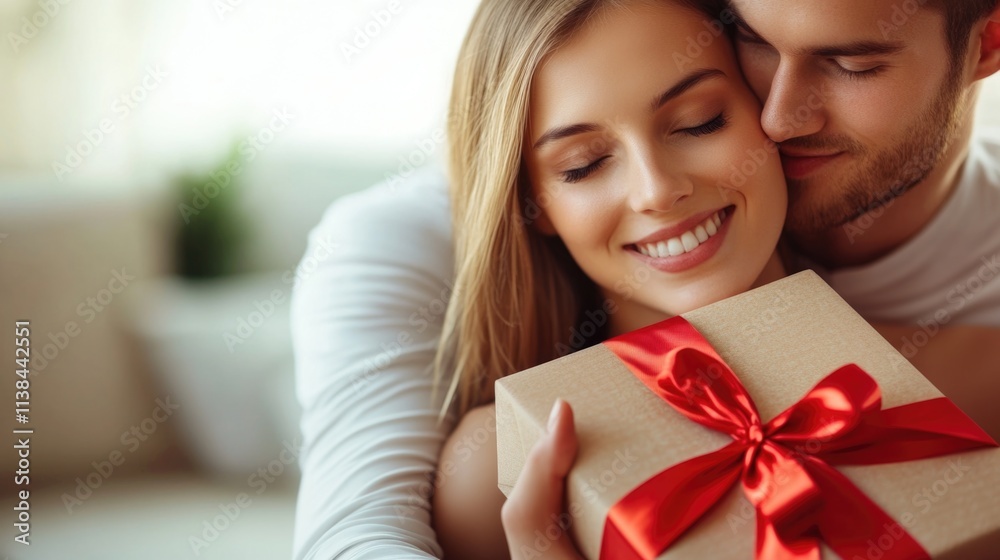 Young caucasian couple embracing with gift box, celebrating love and happiness