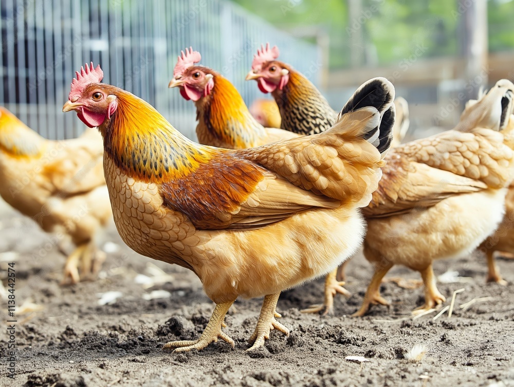 Fototapeta premium A group of vibrant brown and golden chickens scratching in the dirt of a sunlit farmyard, with a fence in the background and a lively rural atmosphere