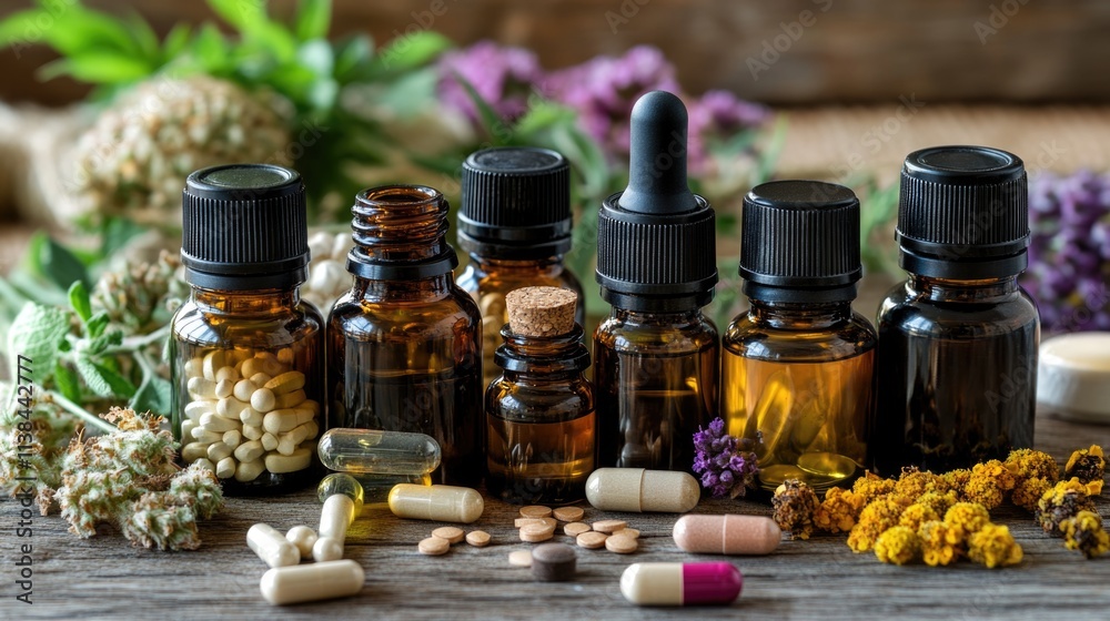 Essential oils and herbal supplements on wooden table with flowers in background Essential oils and herbal supplements on wooden table with flowers in background
