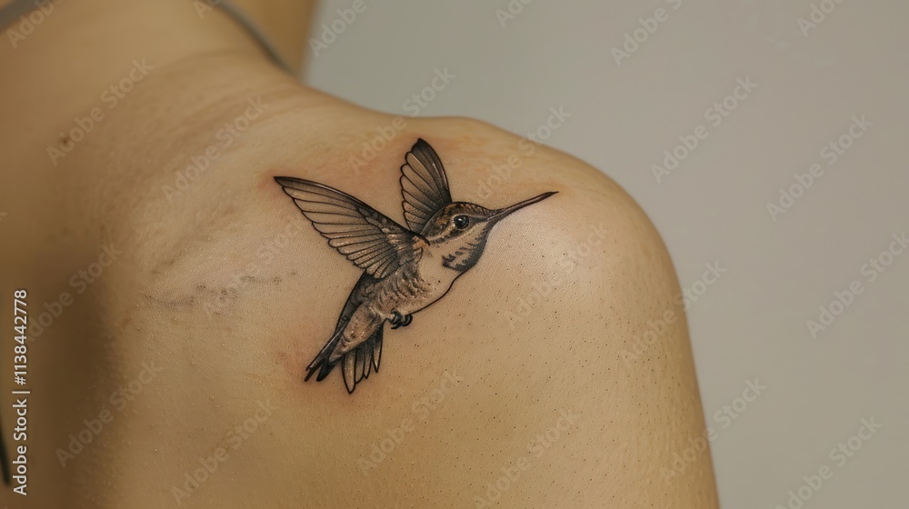 Obraz premium Delicate hummingbird tattoo on woman's shoulder.