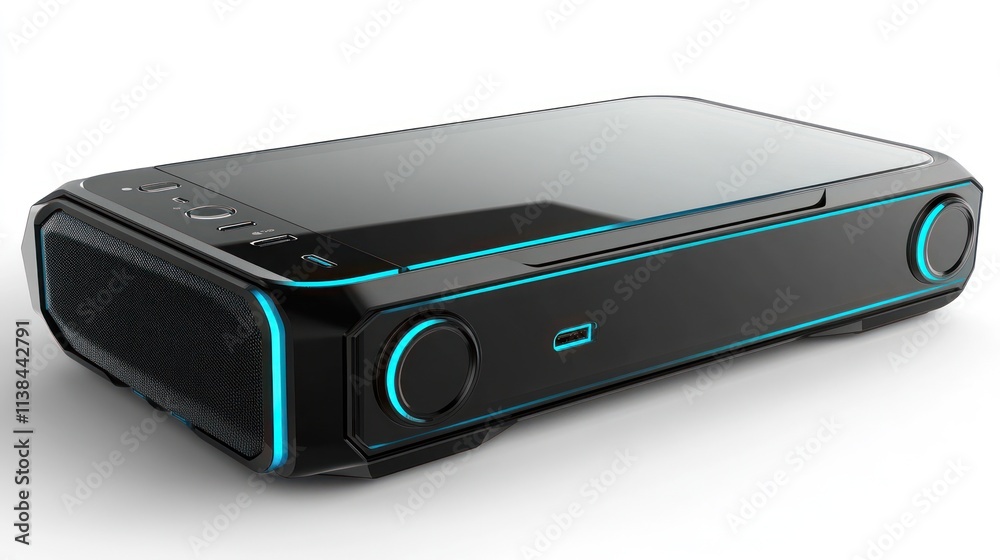 Futuristic black media player with glowing blue accents. Futuristic black media player with glowing blue accents.
