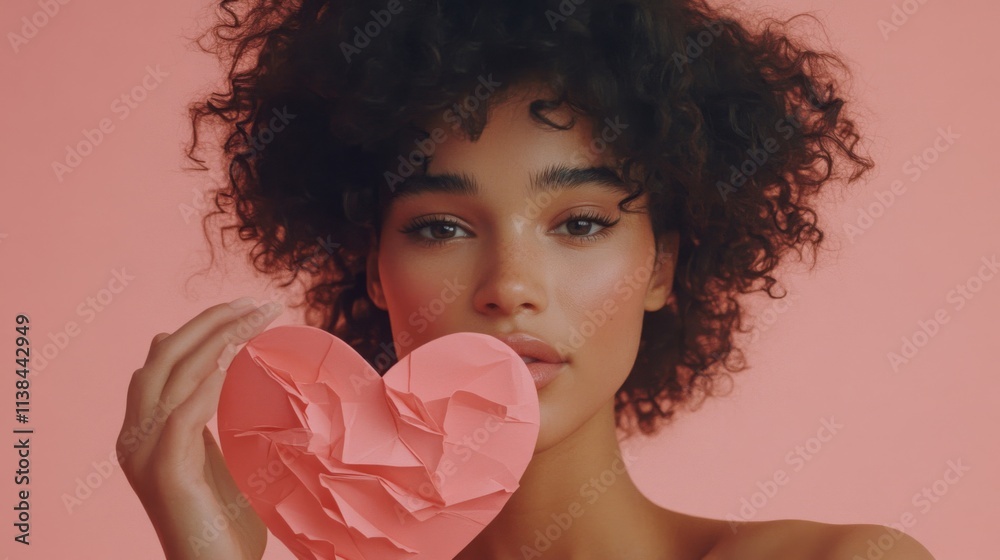 Woman with Curly Hair Holding a Crumpled Pink Heart Woman with Curly Hair Holding a Crumpled Pink Heart