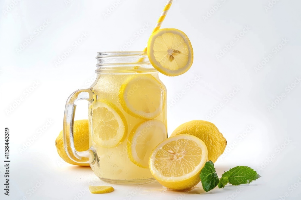 Lemonade White Background. Mason Jar Glass of Refreshing Lemon Summer Drink with Lemons and Straw Lemonade White Background. Mason Jar Glass of Refreshing Lemon Summer Drink with Lemons and Straw