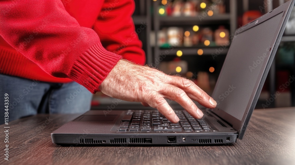 Fototapeta premium Elderly caucasian man typing on laptop in cozy room with shelves and lights