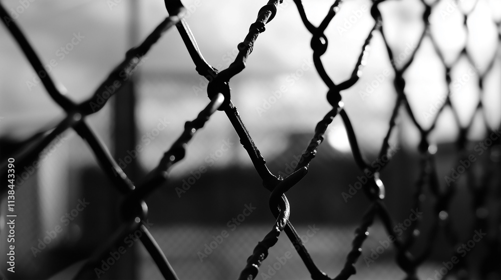 Fototapeta premium A black and white photo of a chain link fence with raindrops on it