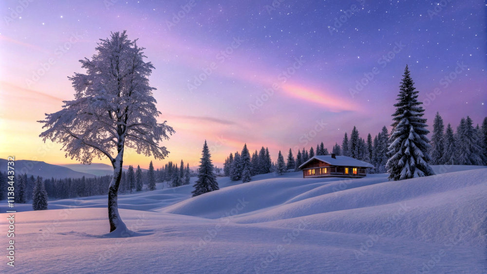 A serene snow-covered landscape features a cozy cabin nestled among evergreen trees, with soft, pastel colors painting the twilight sky. The snowy field gently rolls across the scene. AI generated. A serene snow-covered landscape features a cozy cabin nestled among evergreen trees, with soft, pastel colors painting the twilight sky. The snowy field gently rolls across the scene. AI generated.