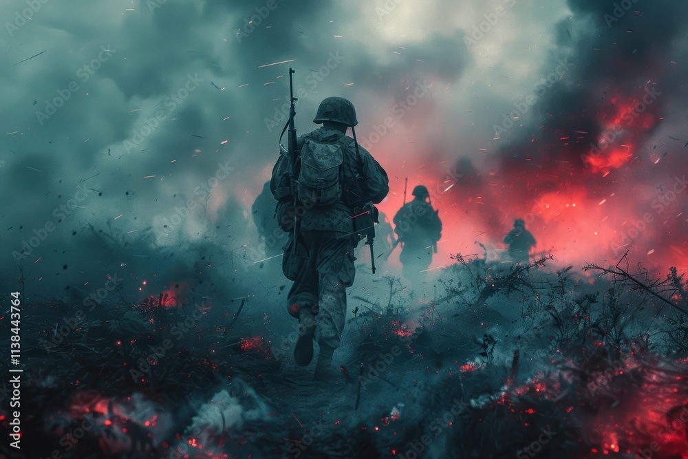 A dramatic depiction of soldiers advancing through a fiery battlefield with smoke and embers swirling around, capturing the intensity of conflict A dramatic depiction of soldiers advancing through a fiery battlefield with smoke and embers swirling around, capturing the intensity of conflict