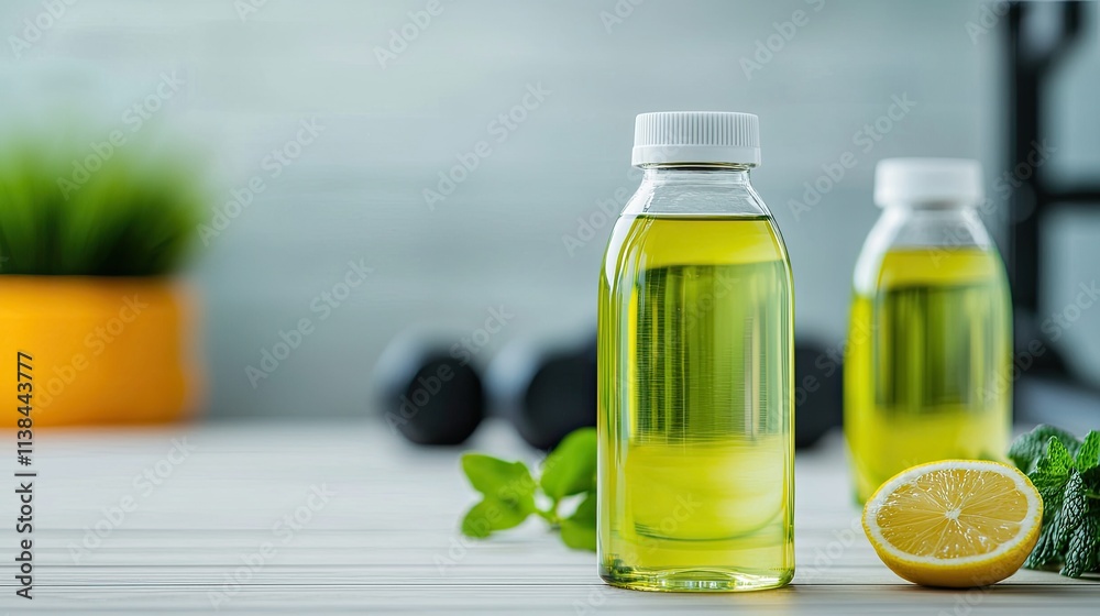 Two transparent bottles of yellow oil are placed on a table, accompanied by a lemon and fresh green herbs, with a soft-focus background. Two transparent bottles of yellow oil are placed on a table, accompanied by a lemon and fresh green herbs, with a soft-focus background.