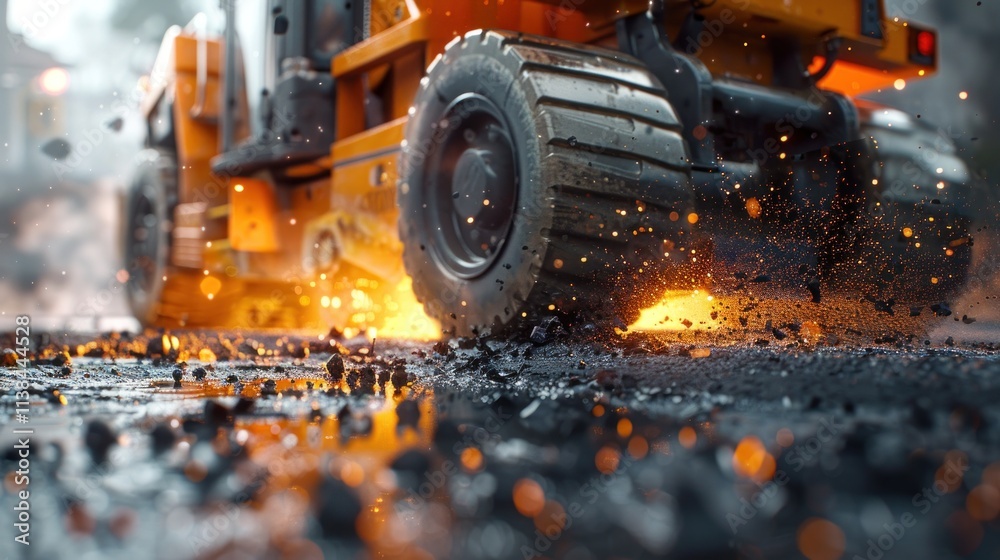 Road construction; close-up of asphalt paver's wheel, sparks flying. Road construction; close-up of asphalt paver's wheel, sparks flying.