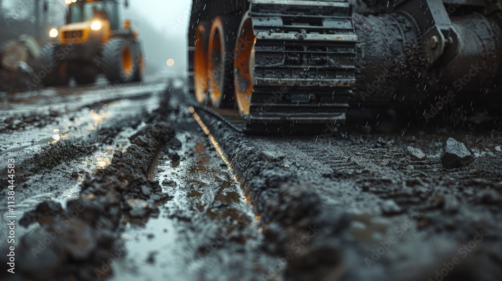 Close-up of muddy road construction, tracked vehicle and tractor in background. Close-up of muddy road construction, tracked vehicle and tractor in background.