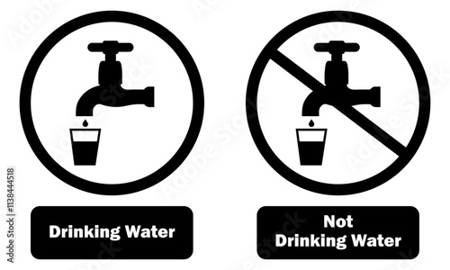 Drinking and non-drinking water icon set. Drinking water and not-drinking water point tap icon flat web sign symbol. No water sign symbol. Potable and non-potable sign. Safe and unsafe.