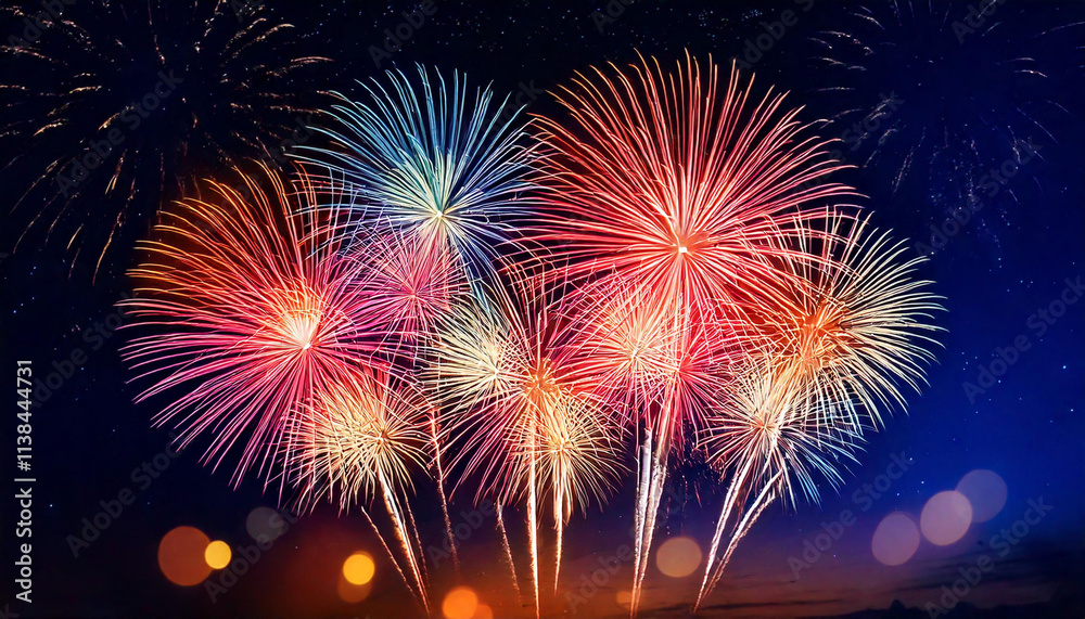 Stunning Fireworks Show Lighting Up the Night Sky with Vibrant Colours and Bokeh Effect Stunning Fireworks Show Lighting Up the Night Sky with Vibrant Colours and Bokeh Effect