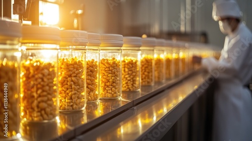Wallpaper Mural Golden cornflakes in jars on industrial conveyor belt with worker in background Torontodigital.ca