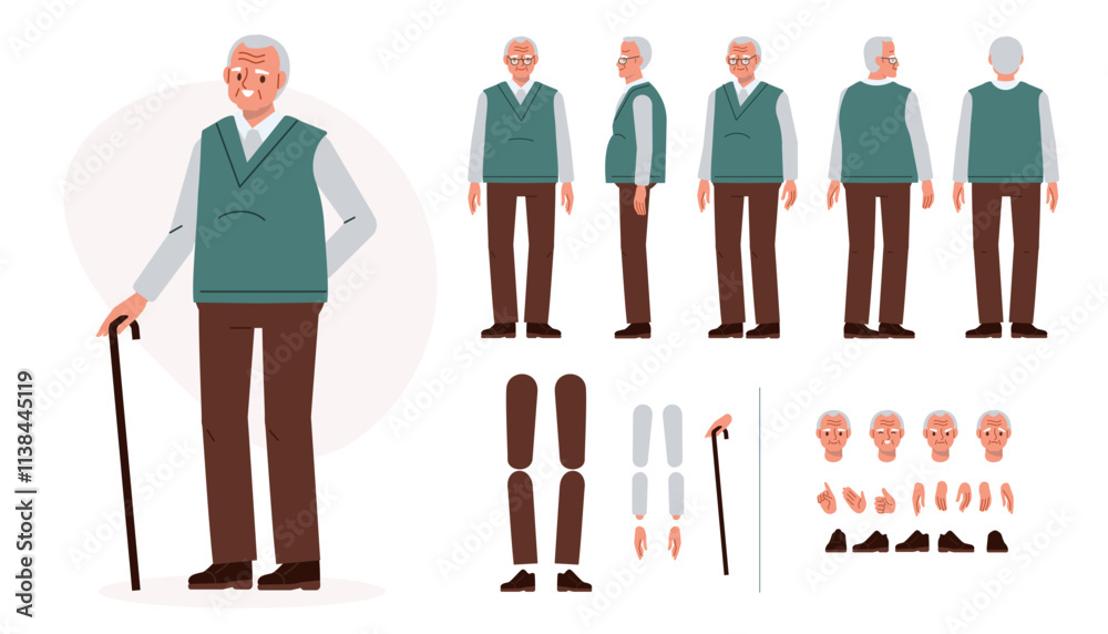 Elderly man character constructor for animation. Front, side and back view set. Body parts, postures, poses collection. Vector illustration.
