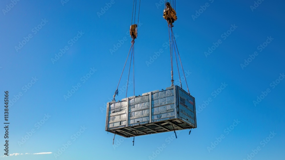 Crane lifting a large metal container against a clear blue sky. Crane lifting a large metal container against a clear blue sky.