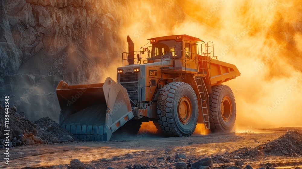 Large mining dump truck working in quarry, dust and sunlight. Large mining dump truck working in quarry, dust and sunlight.