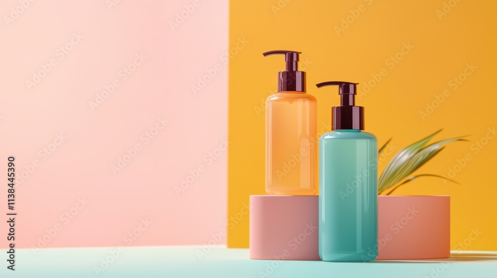 Stylish and Colorful Bottles of Liquid Soap on Geometric Background with Tropical Leaf for Spa, Bath, and Skincare Concept Promotion in Modern Aesthetic Stylish and Colorful Bottles of Liquid Soap on Geometric Background with Tropical Leaf for Spa, Bath, and Skincare Concept Promotion in Modern Aesthetic