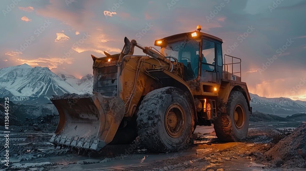 Powerful wheel loader at sunset in a mountainous landscape. Powerful wheel loader at sunset in a mountainous landscape.