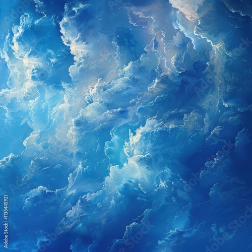 A mesmerizing depiction of swirling clouds in a vibrant blue sky, capturing the ethereal beauty and serene atmosphere of an endless sky above