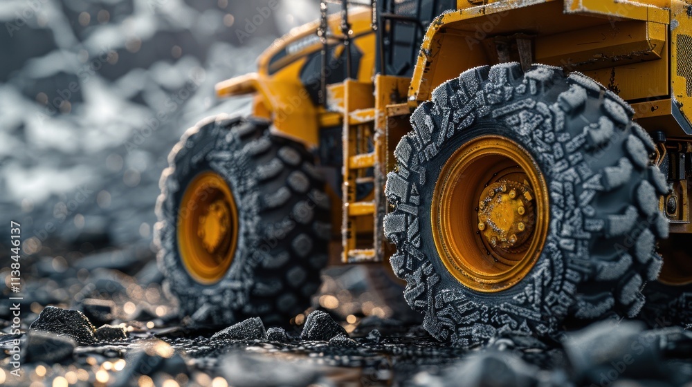 Close-up of large yellow vehicle tires on rocky ground.