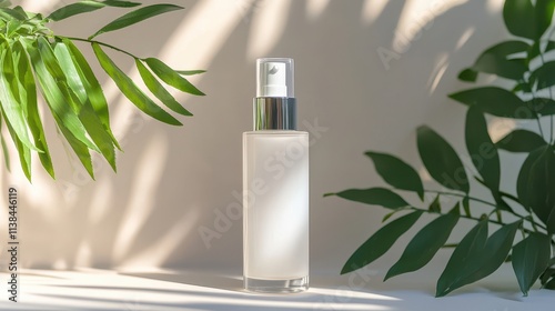 Elegant Glass Bottle of Skin Care Serum Surrounded by Green Leaves with Soft Natural Light Highlights for Beauty and Wellness Promotion