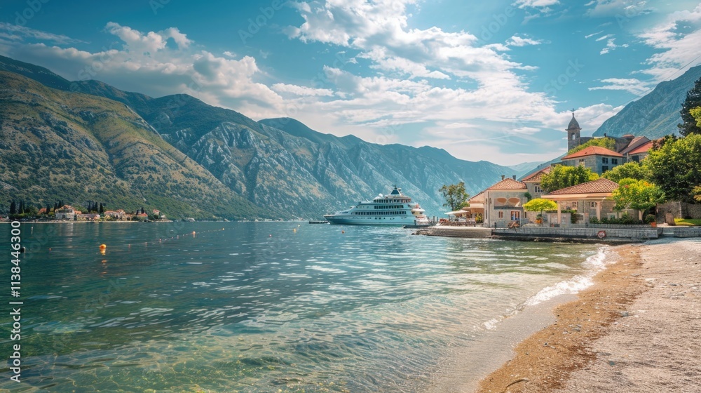 Fototapeta premium Mediterranean Cruise. Stunning Adriatic Coastline View with Cruise Ship in Montenegro