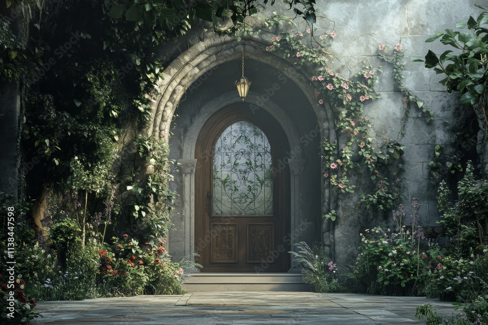 Fototapeta premium Enchanted Garden Entrance: A Mystical Stone Doorway. Digital Background.