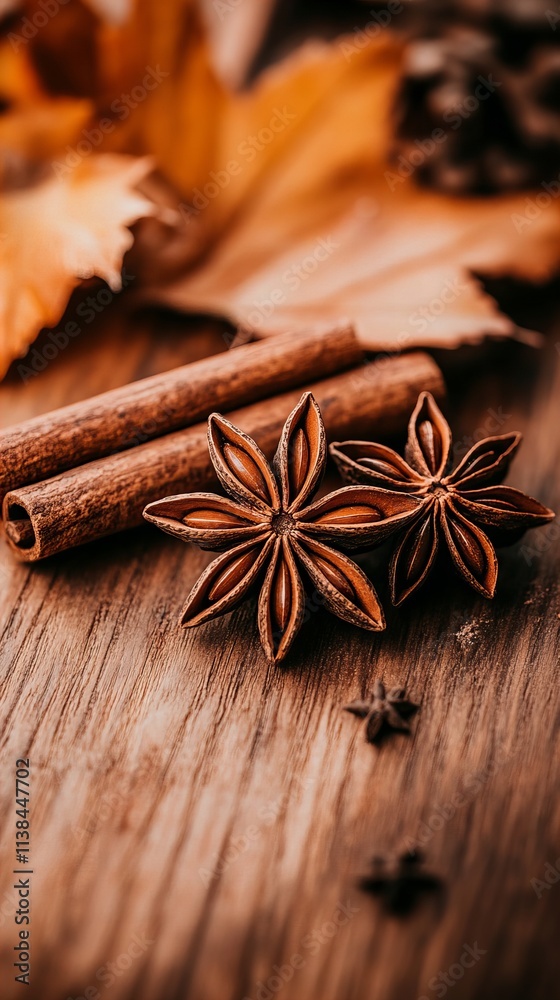 Close-up of star anise and cinnamon sticks on a wooden surface, evoking warmth and a cozy autumn atmosphere. Close-up of star anise and cinnamon sticks on a wooden surface, evoking warmth and a cozy autumn atmosphere.