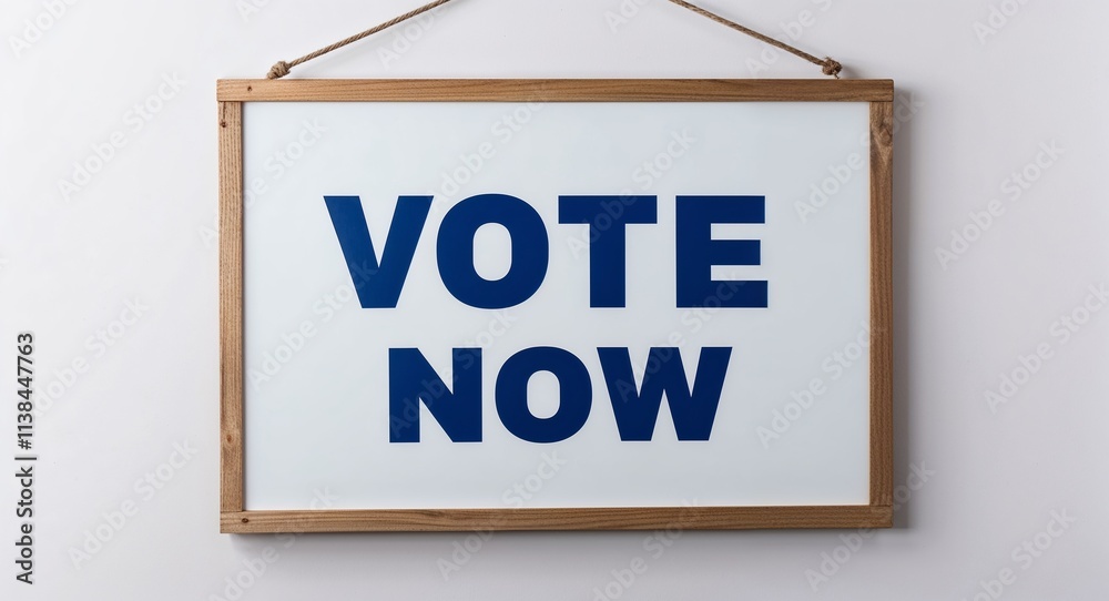 vote now lettering on hanging sign board on plain white background vote now lettering on hanging sign board on plain white background
