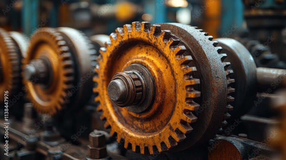 Close-up of a rusty gear mechanism in an industrial setting, showcasing machinery details. Close-up of a rusty gear mechanism in an industrial setting, showcasing machinery details.