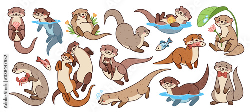 Cartoon cute sea otter characters. Funny wild marine animals, different actions and poses, cute water happy mammals, swimming, playing and eating, isolated stickers, kawaii tidy vector set