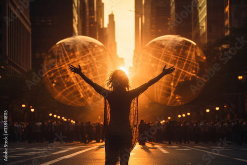 A resplendent tableau emerges as celestial orb ascends, its radiant beams caressing metropolis, imbuing concrete jungle with a golden glow and elongating shadows that dance upon cityscape photo