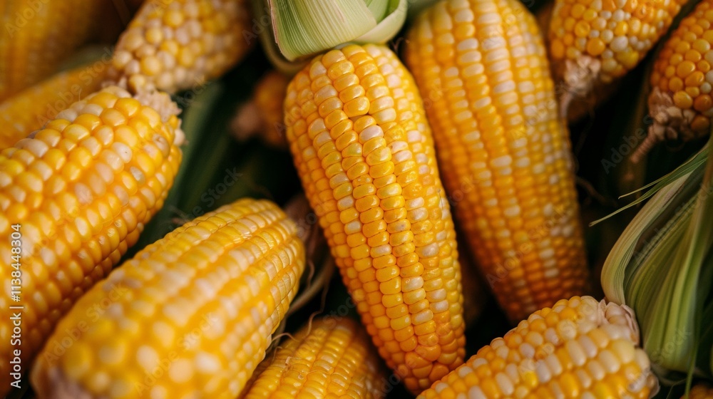 Fresh golden corn cobs stacked together with green husks Fresh golden corn cobs stacked together with green husks
