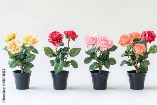 Wallpaper Mural Roses in yellow, red, pink, and orange hues planted in black pots, arranged on a white background, ideal for floral displays, gardening, and home decor themes.

 Torontodigital.ca